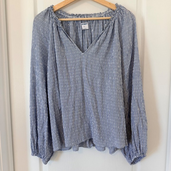 Old Navy Tops - Old Navy Blue White Striped Ruffle V-Neck Balloon Sleeve Peasant Blouse XL Boho